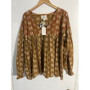 Oh My Stars Ellie Mae top NEW women’s size XL brown embroidered cottage boho
